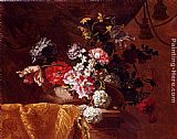Peonies Canvas Paintings - Still Life Of Hydrangeas, Convolvuli, Peonies And Other Flowers In An Urn On A Draped Stone Ledge